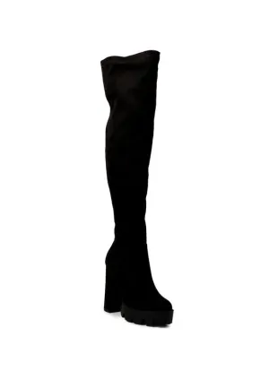 Block Heeled Faux Suede Long Boots