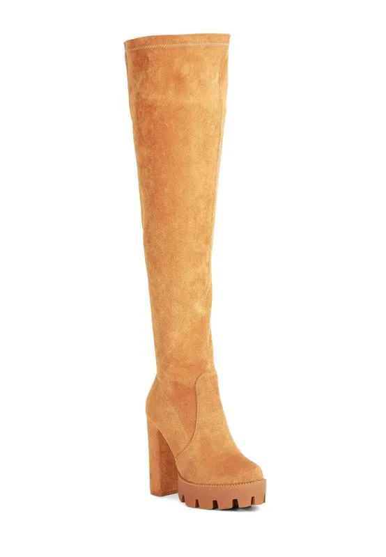 Block Heeled Faux Suede Long Boots