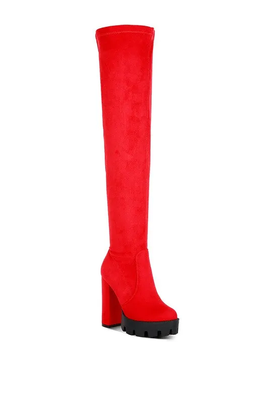 Block Heeled Faux Suede Long Boots