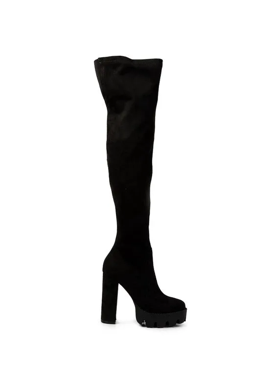 Block Heeled Faux Suede Long Boots