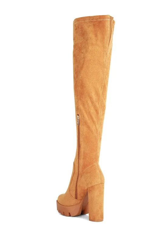 Block Heeled Faux Suede Long Boots