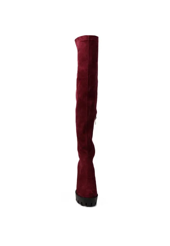 Block Heeled Faux Suede Long Boots