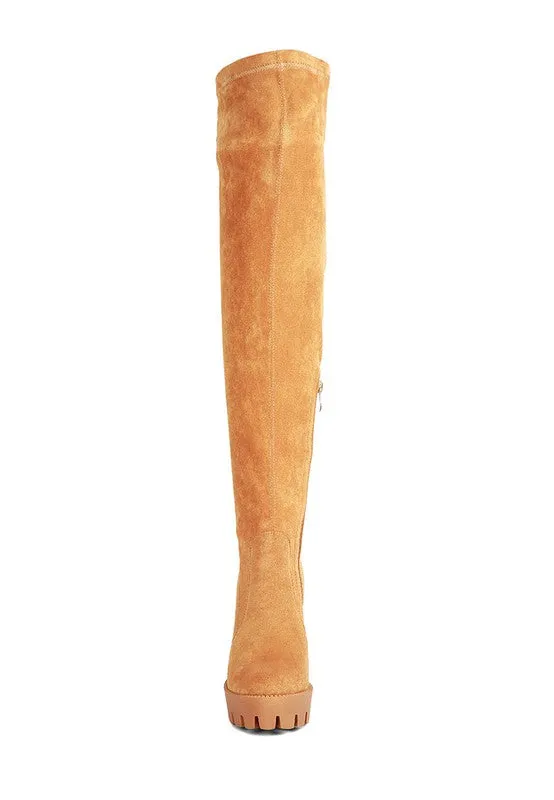 Block Heeled Faux Suede Long Boots
