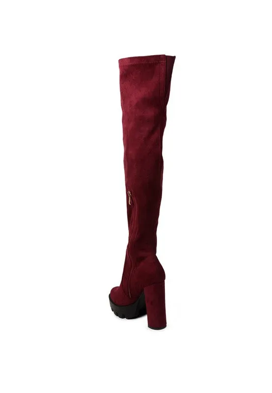 Block Heeled Faux Suede Long Boots