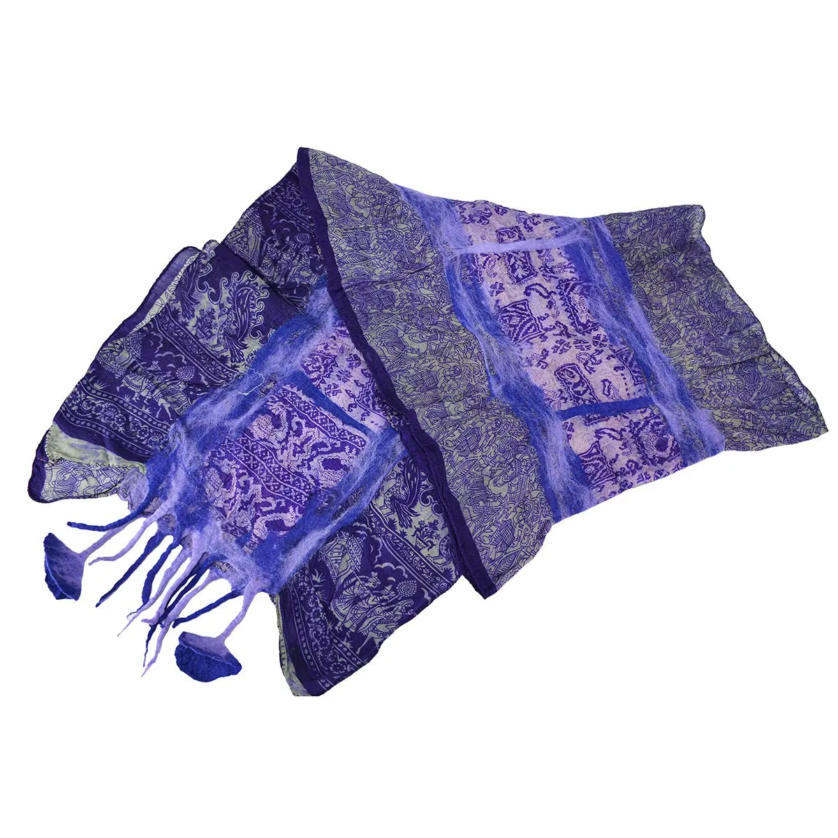 Blue Felt and Saree Vintage Scarves with Flower Hanging