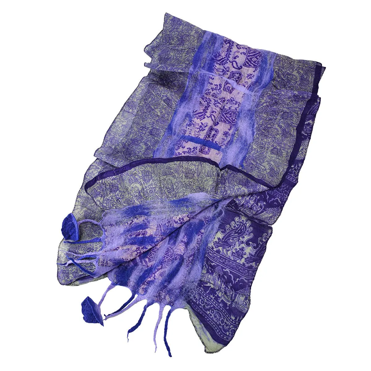 Blue Felt and Saree Vintage Scarves with Flower Hanging