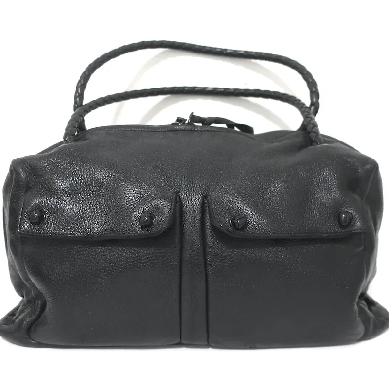 Bottega Veneta Front Pocket Satchel Black Leather Braided Strap Shoulder Bag