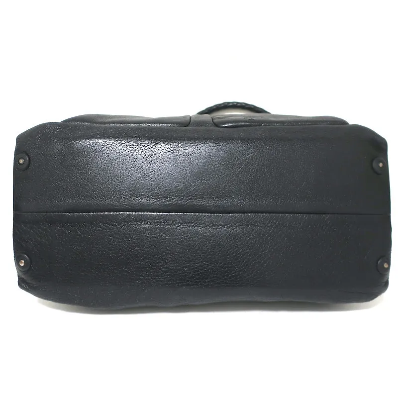 Bottega Veneta Front Pocket Satchel Black Leather Braided Strap Shoulder Bag