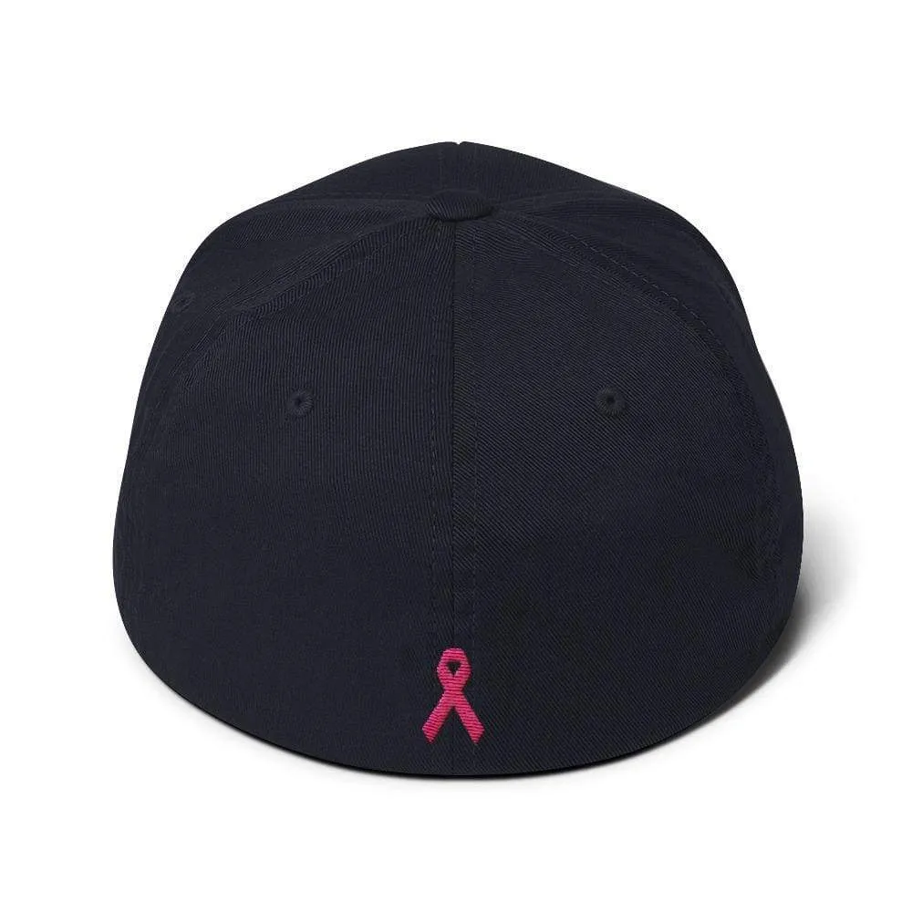 Breast Cancer Awareness Fitted Flexfit Baseball Hat with Warrior and Pink Ribbon on the Back