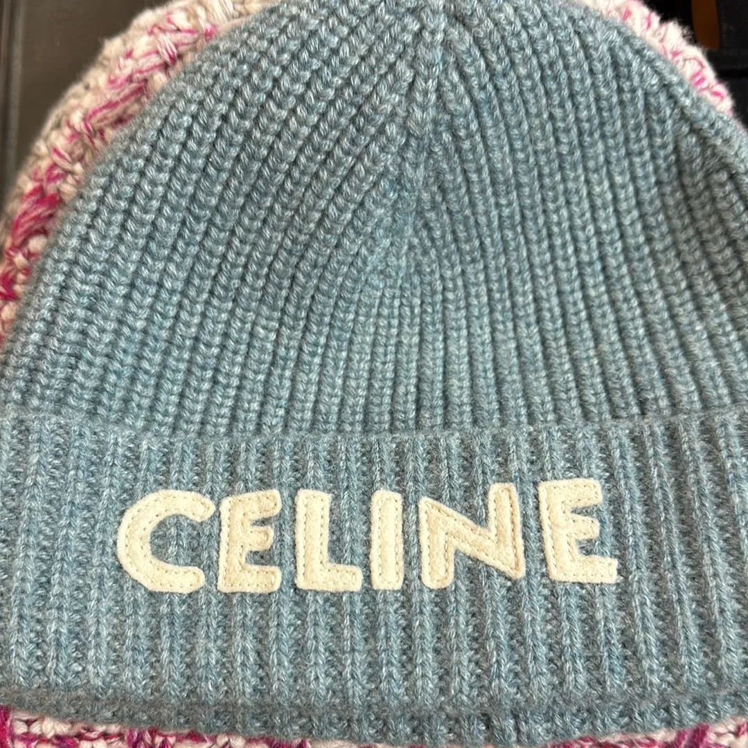 CELINE Light Teal Ribbed Knit Beanie with White Letters