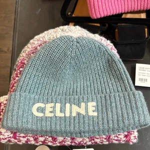 CELINE Light Teal Ribbed Knit Beanie with White Letters