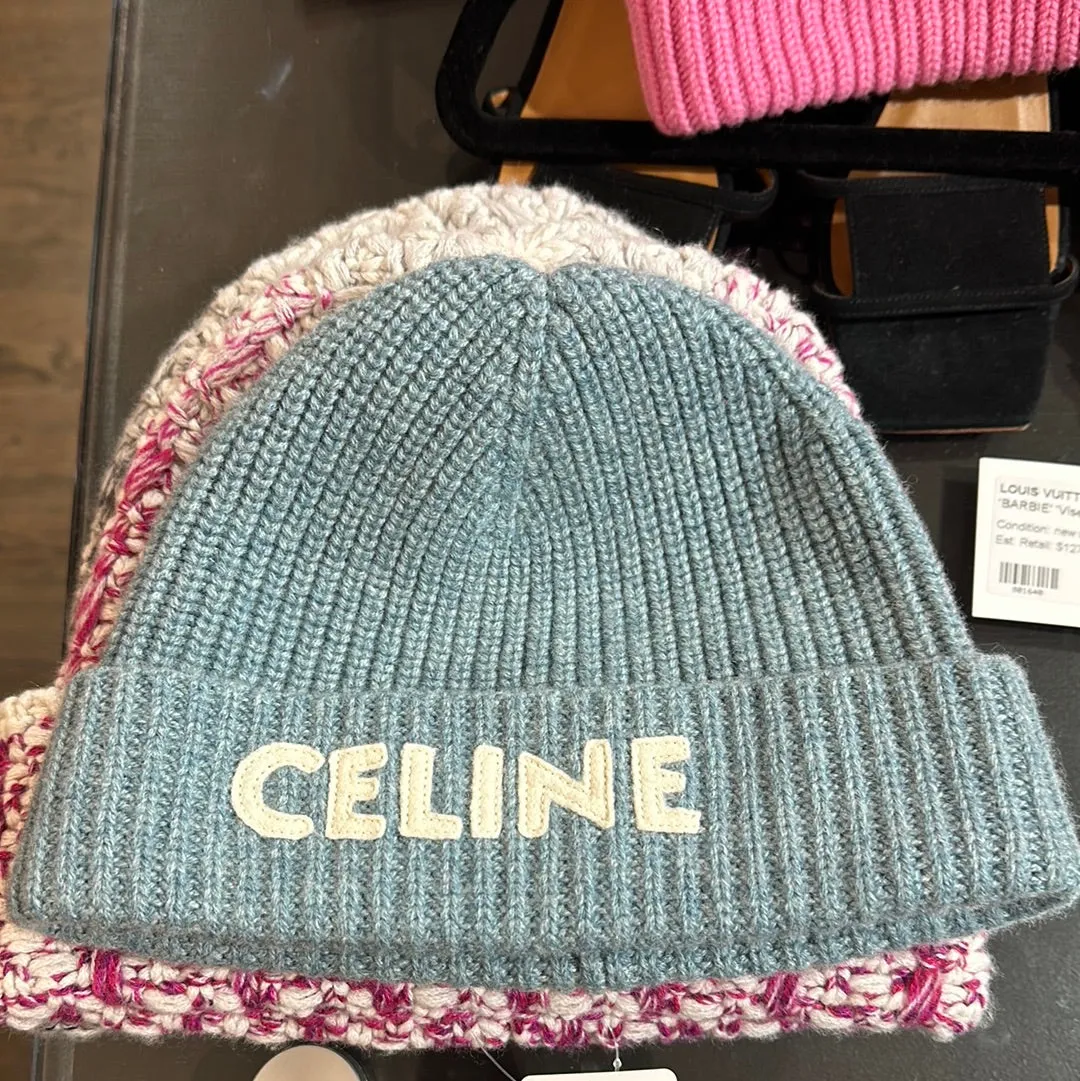 CELINE Light Teal Ribbed Knit Beanie with White Letters