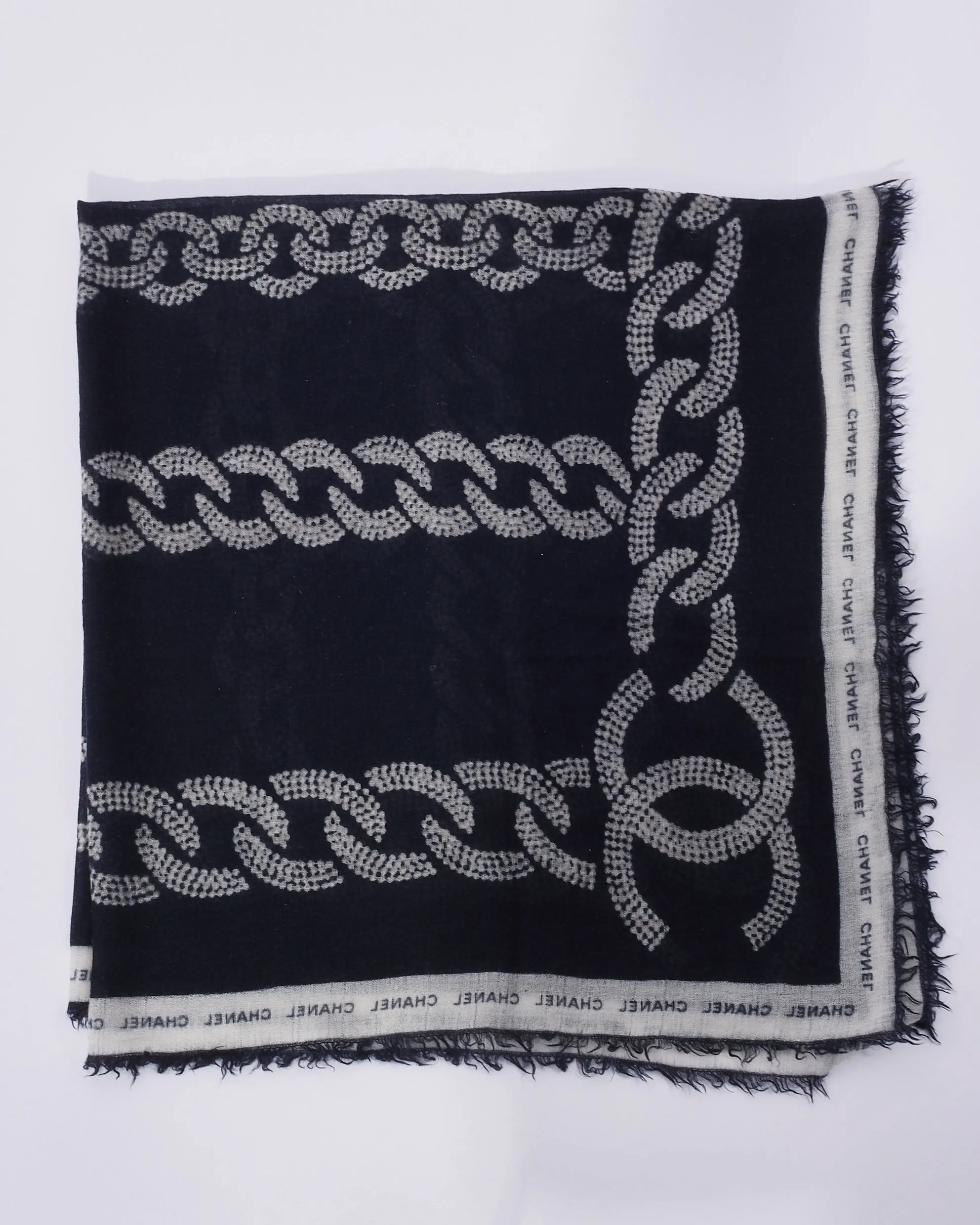 Chanel Black & White Chain Link Logo Cashmere Blend Square Scarf