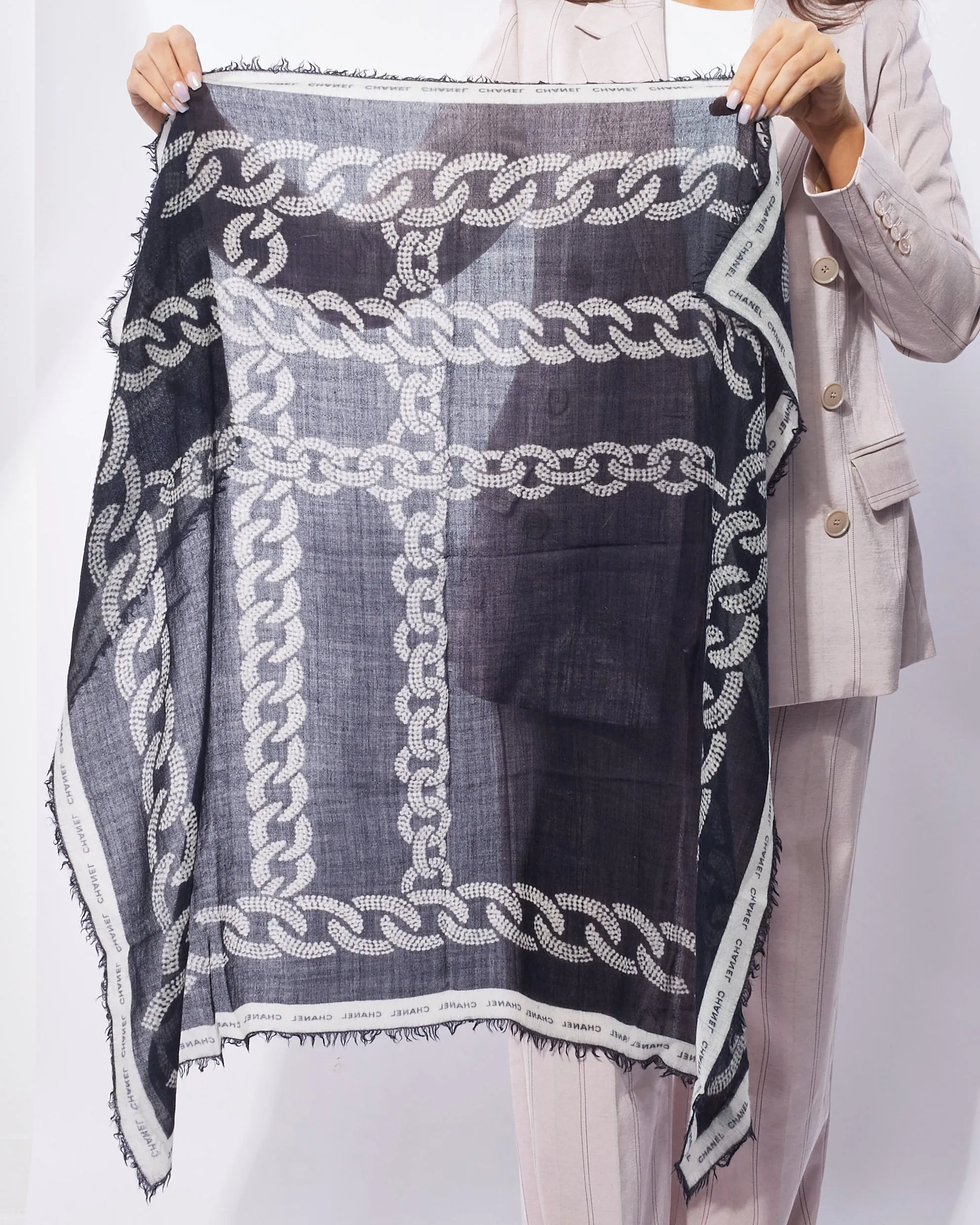 Chanel Black & White Chain Link Logo Cashmere Blend Square Scarf
