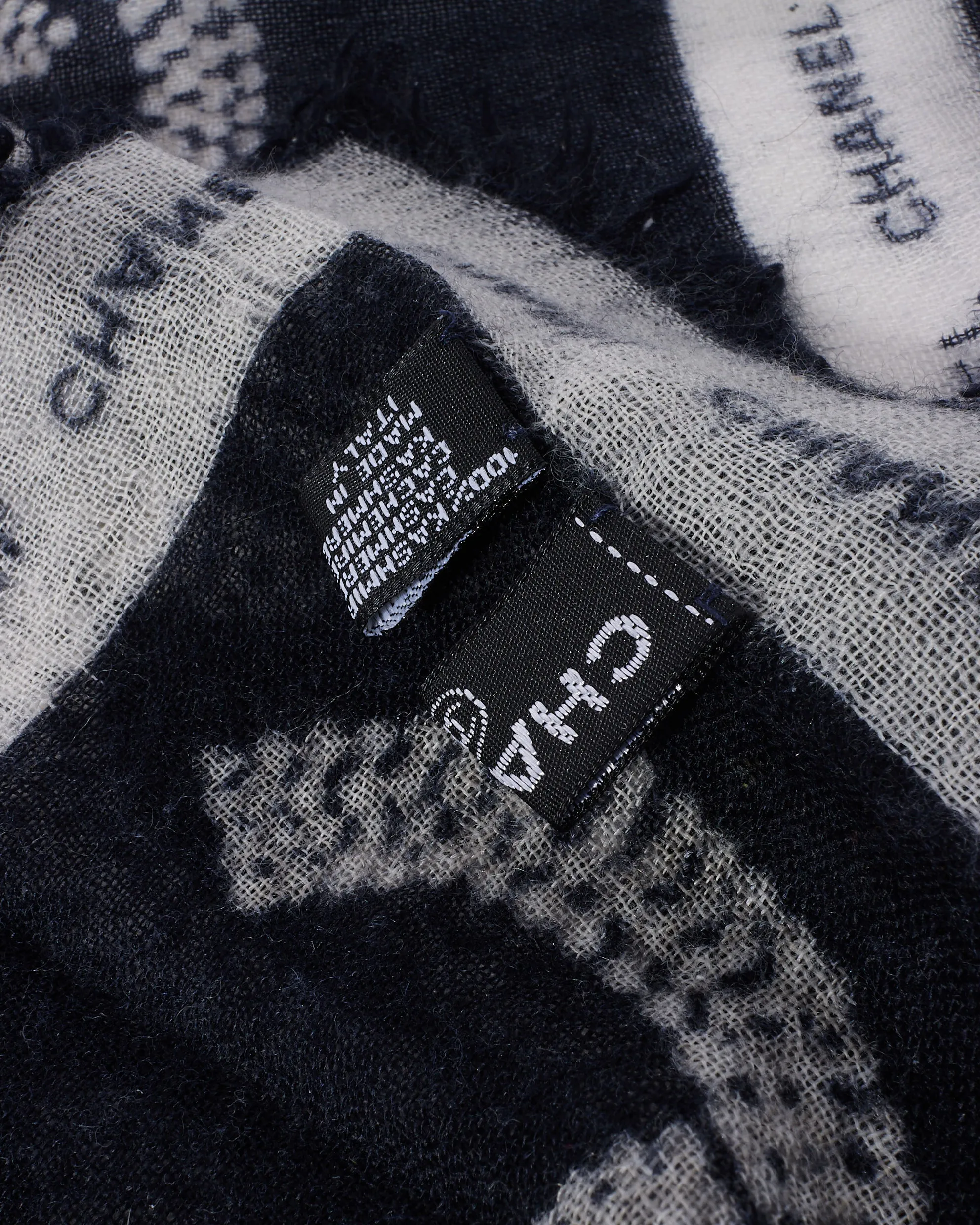 Chanel Black & White Chain Link Logo Cashmere Blend Square Scarf