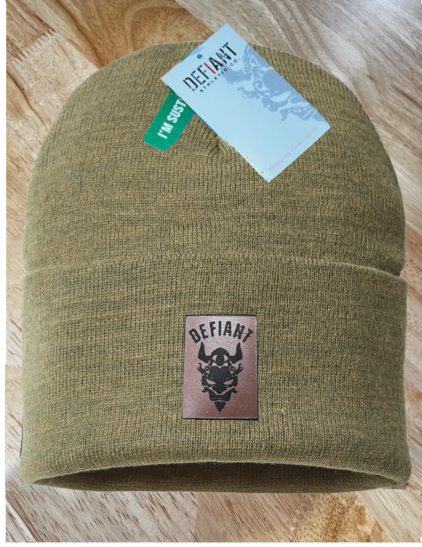 CLASSIC CUFFED BEANIE HAT - with DEFIANT LEATHER PATCH - XL OLIVE