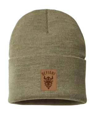 CLASSIC CUFFED BEANIE HAT - with DEFIANT LEATHER PATCH - XL OLIVE