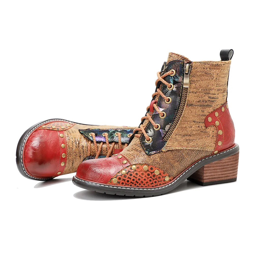CrazycatZ Womens  Boots Bohemian Block Heels Leather Western Boots Colorful Leather Ankle Boots Multi