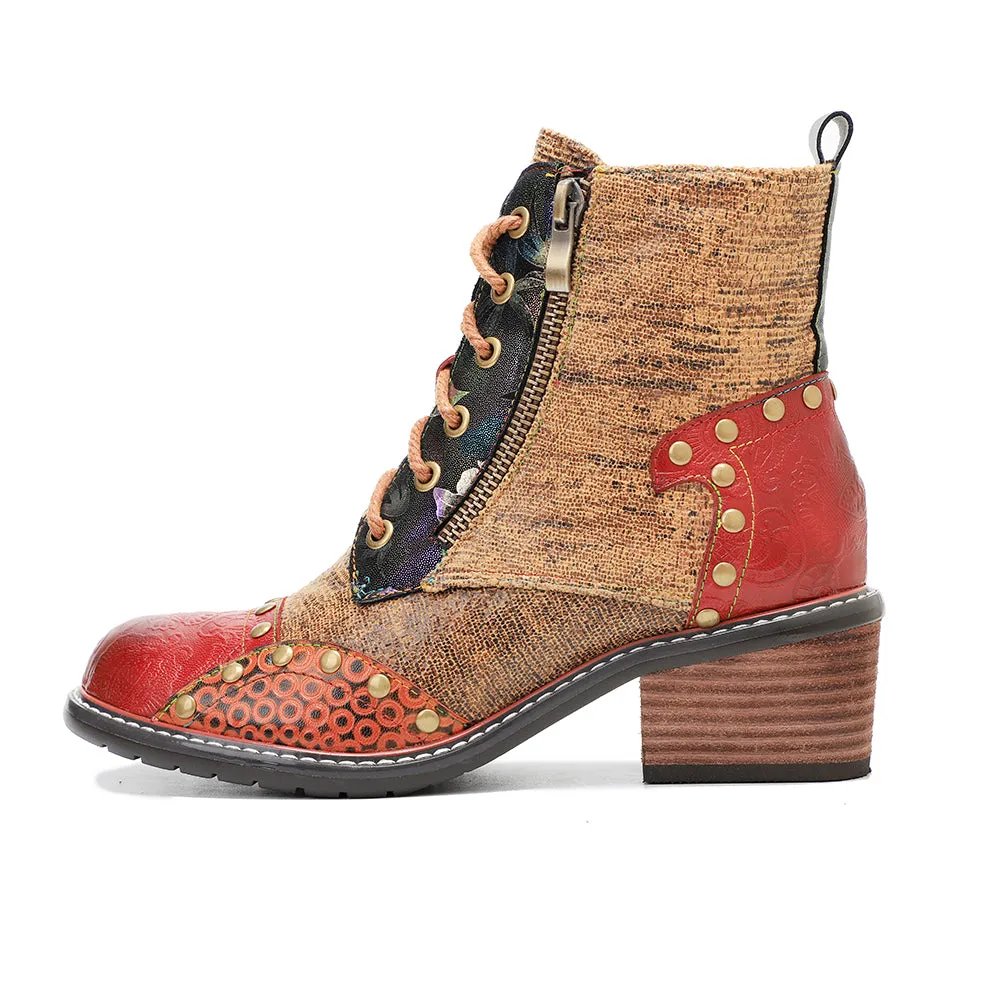 CrazycatZ Womens  Boots Bohemian Block Heels Leather Western Boots Colorful Leather Ankle Boots Multi