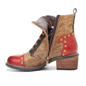 CrazycatZ Womens  Boots Bohemian Block Heels Leather Western Boots Colorful Leather Ankle Boots Multi