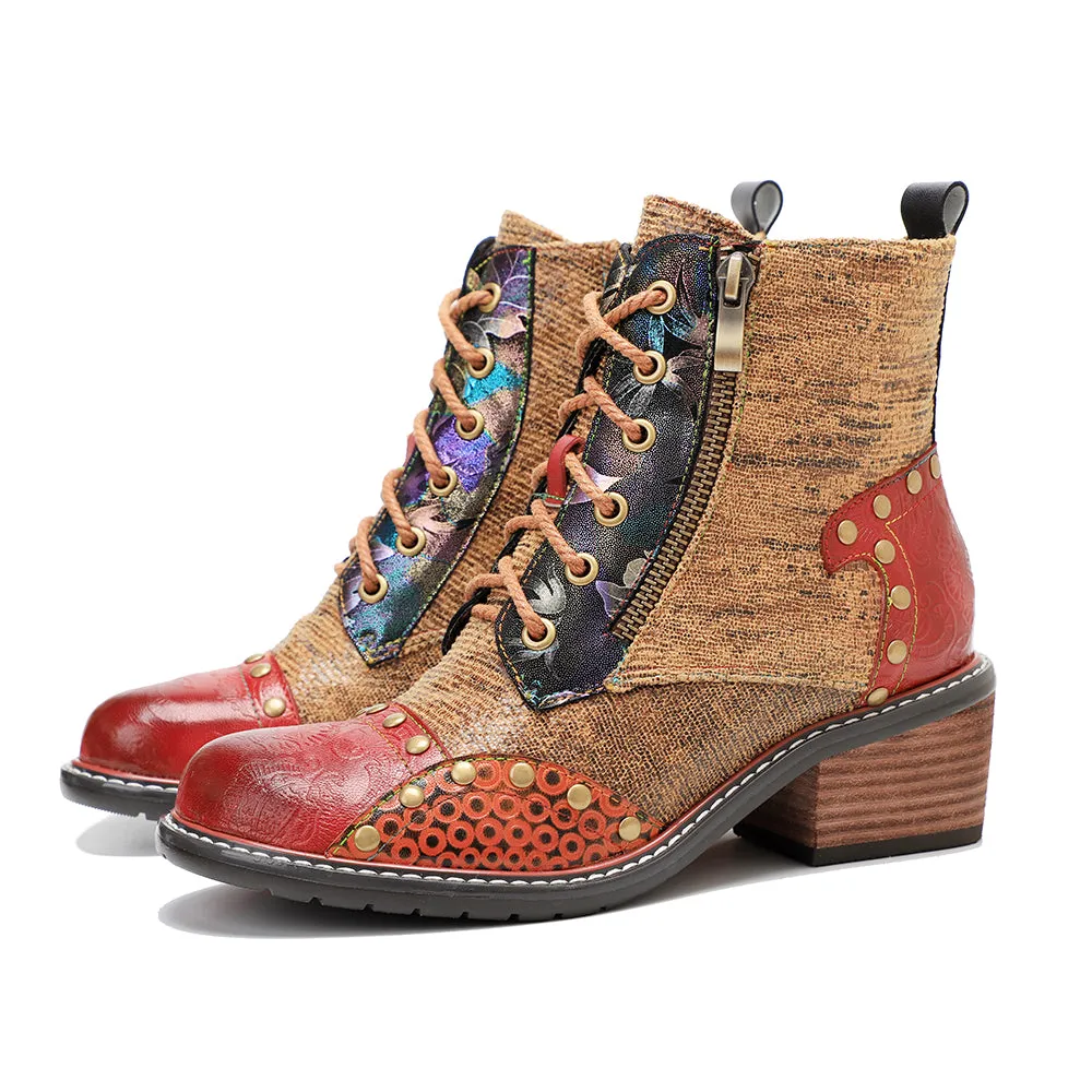 CrazycatZ Womens  Boots Bohemian Block Heels Leather Western Boots Colorful Leather Ankle Boots Multi