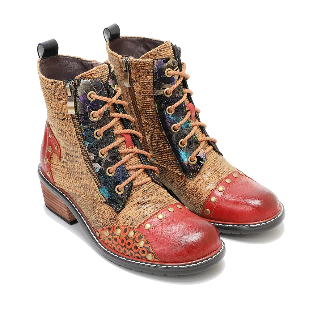 CrazycatZ Womens  Boots Bohemian Block Heels Leather Western Boots Colorful Leather Ankle Boots Multi