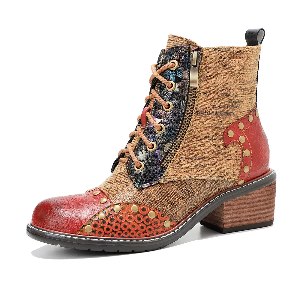 CrazycatZ Womens  Boots Bohemian Block Heels Leather Western Boots Colorful Leather Ankle Boots Multi