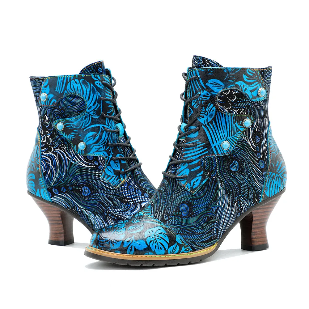 CrazycatZ Womens  Boots Vintage Block Heel Leather Western Boots Colorful Leather Boots Lake Blue