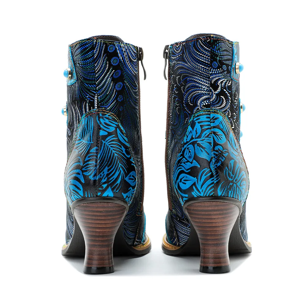 CrazycatZ Womens  Boots Vintage Block Heel Leather Western Boots Colorful Leather Boots Lake Blue