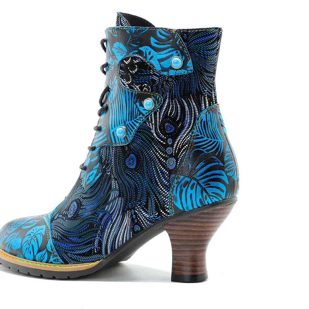 CrazycatZ Womens  Boots Vintage Block Heel Leather Western Boots Colorful Leather Boots Lake Blue