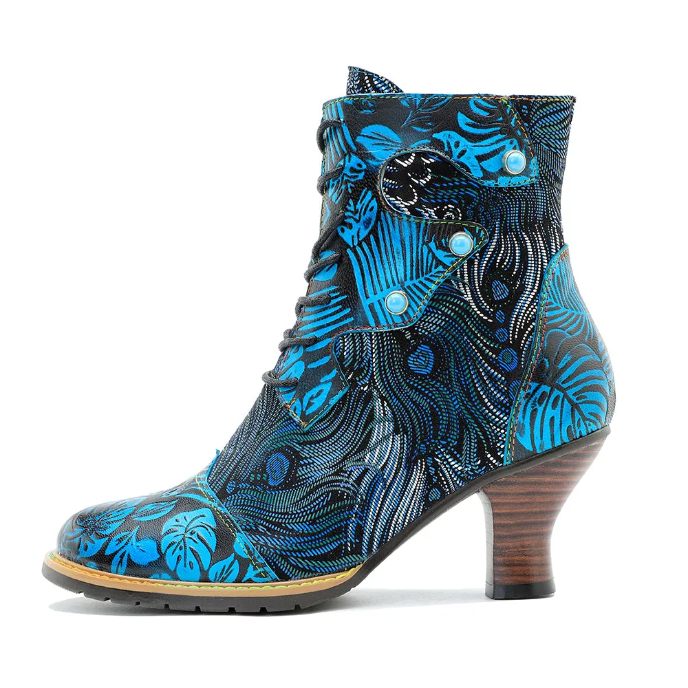 CrazycatZ Womens  Boots Vintage Block Heel Leather Western Boots Colorful Leather Boots Lake Blue