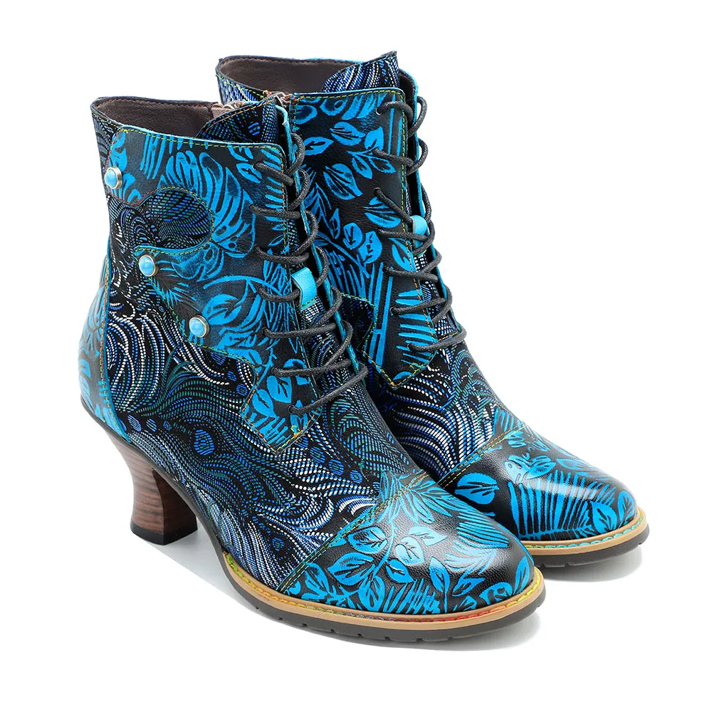CrazycatZ Womens  Boots Vintage Block Heel Leather Western Boots Colorful Leather Boots Lake Blue