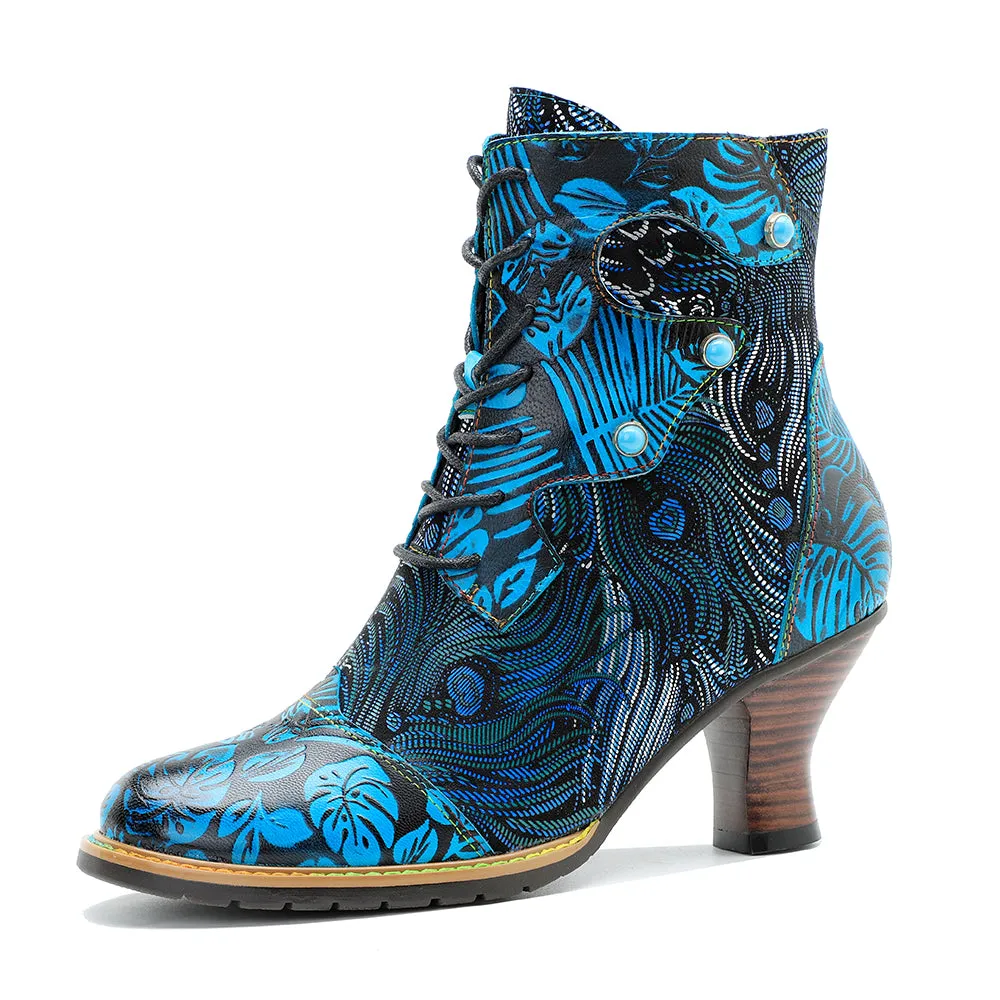 CrazycatZ Womens  Boots Vintage Block Heel Leather Western Boots Colorful Leather Boots Lake Blue