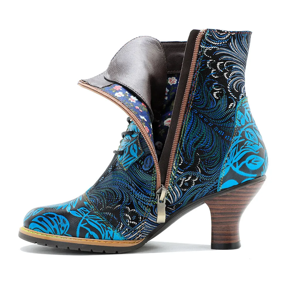 CrazycatZ Womens  Boots Vintage Block Heel Leather Western Boots Colorful Leather Boots Lake Blue