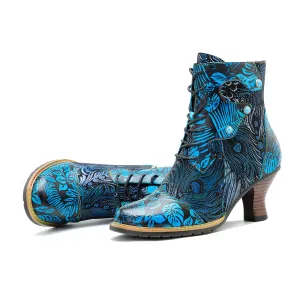 CrazycatZ Womens  Boots Vintage Block Heel Leather Western Boots Colorful Leather Boots Lake Blue