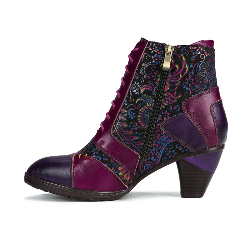 CrazycatZ Womens Leather Ankle Boots Bohemian Block Heel Colorful Floral Leather Boots Hot Pink