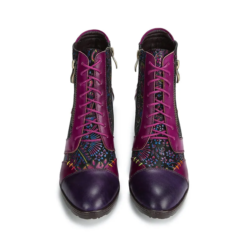 CrazycatZ Womens Leather Ankle Boots Bohemian Block Heel Colorful Floral Leather Boots Hot Pink