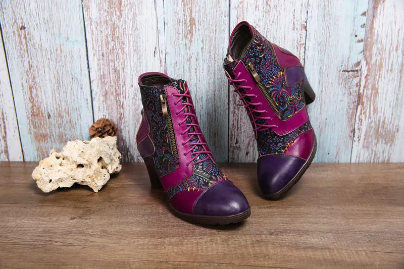 CrazycatZ Womens Leather Ankle Boots Bohemian Block Heel Colorful Floral Leather Boots Hot Pink