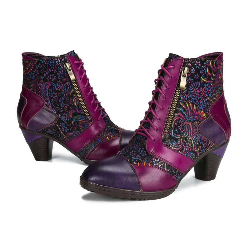 CrazycatZ Womens Leather Ankle Boots Bohemian Block Heel Colorful Floral Leather Boots Hot Pink