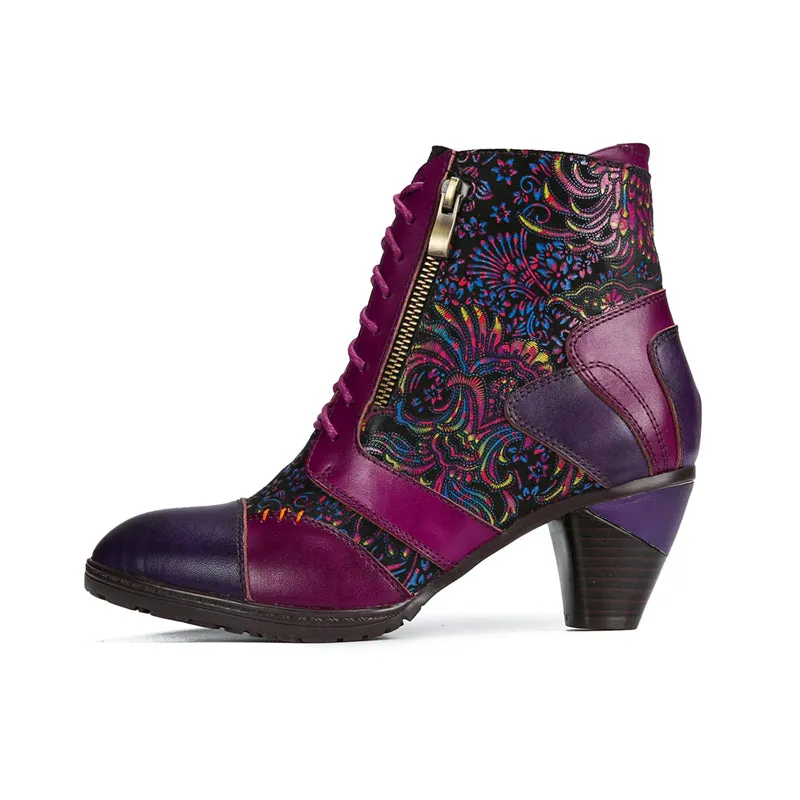 CrazycatZ Womens Leather Ankle Boots Bohemian Block Heel Colorful Floral Leather Boots Hot Pink