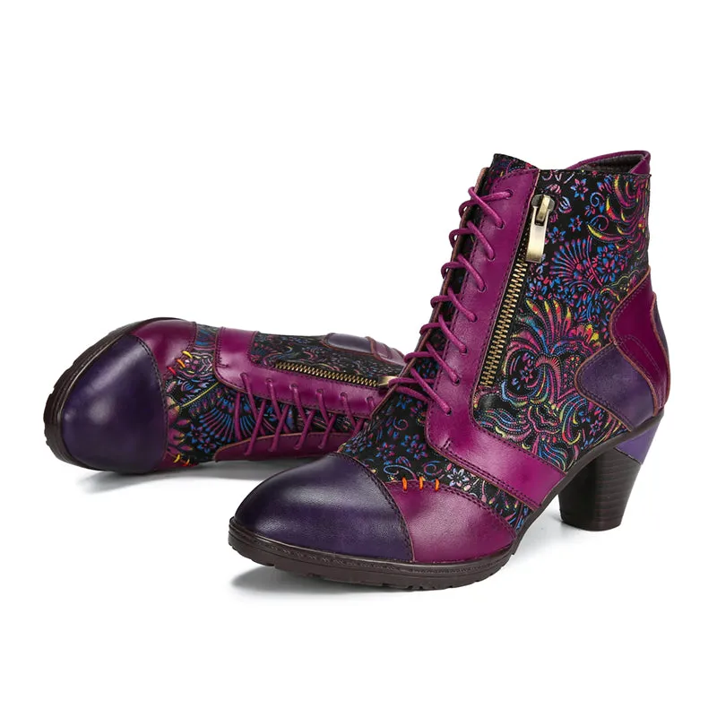 CrazycatZ Womens Leather Ankle Boots Bohemian Block Heel Colorful Floral Leather Boots Hot Pink