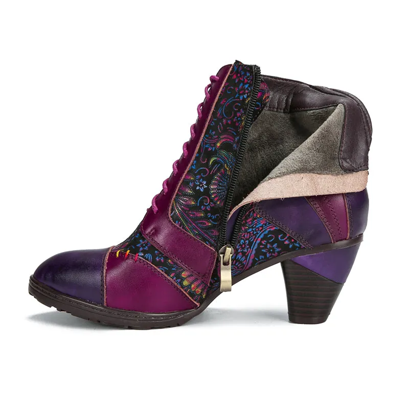 CrazycatZ Womens Leather Ankle Boots Bohemian Block Heel Colorful Floral Leather Boots Hot Pink