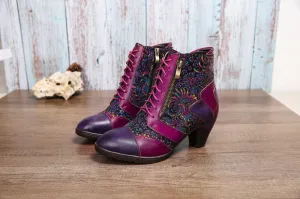 CrazycatZ Womens Leather Ankle Boots Bohemian Block Heel Colorful Floral Leather Boots Hot Pink