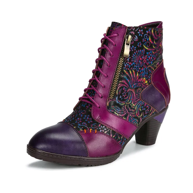 CrazycatZ Womens Leather Ankle Boots Bohemian Block Heel Colorful Floral Leather Boots Hot Pink