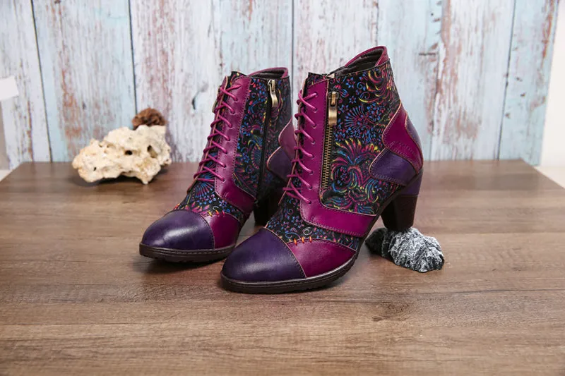 CrazycatZ Womens Leather Ankle Boots Bohemian Block Heel Colorful Floral Leather Boots Hot Pink