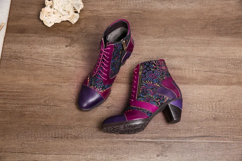 CrazycatZ Womens Leather Ankle Boots Bohemian Block Heel Colorful Floral Leather Boots Hot Pink
