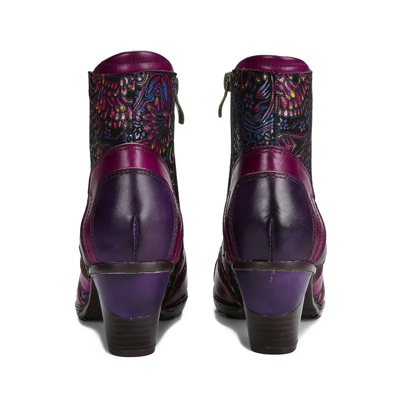 CrazycatZ Womens Leather Ankle Boots Bohemian Block Heel Colorful Floral Leather Boots Hot Pink