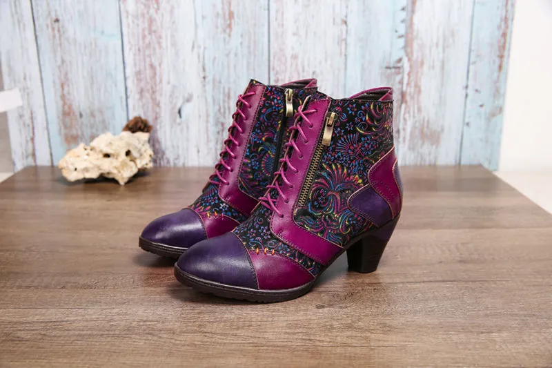 CrazycatZ Womens Leather Ankle Boots Bohemian Block Heel Colorful Floral Leather Boots Hot Pink