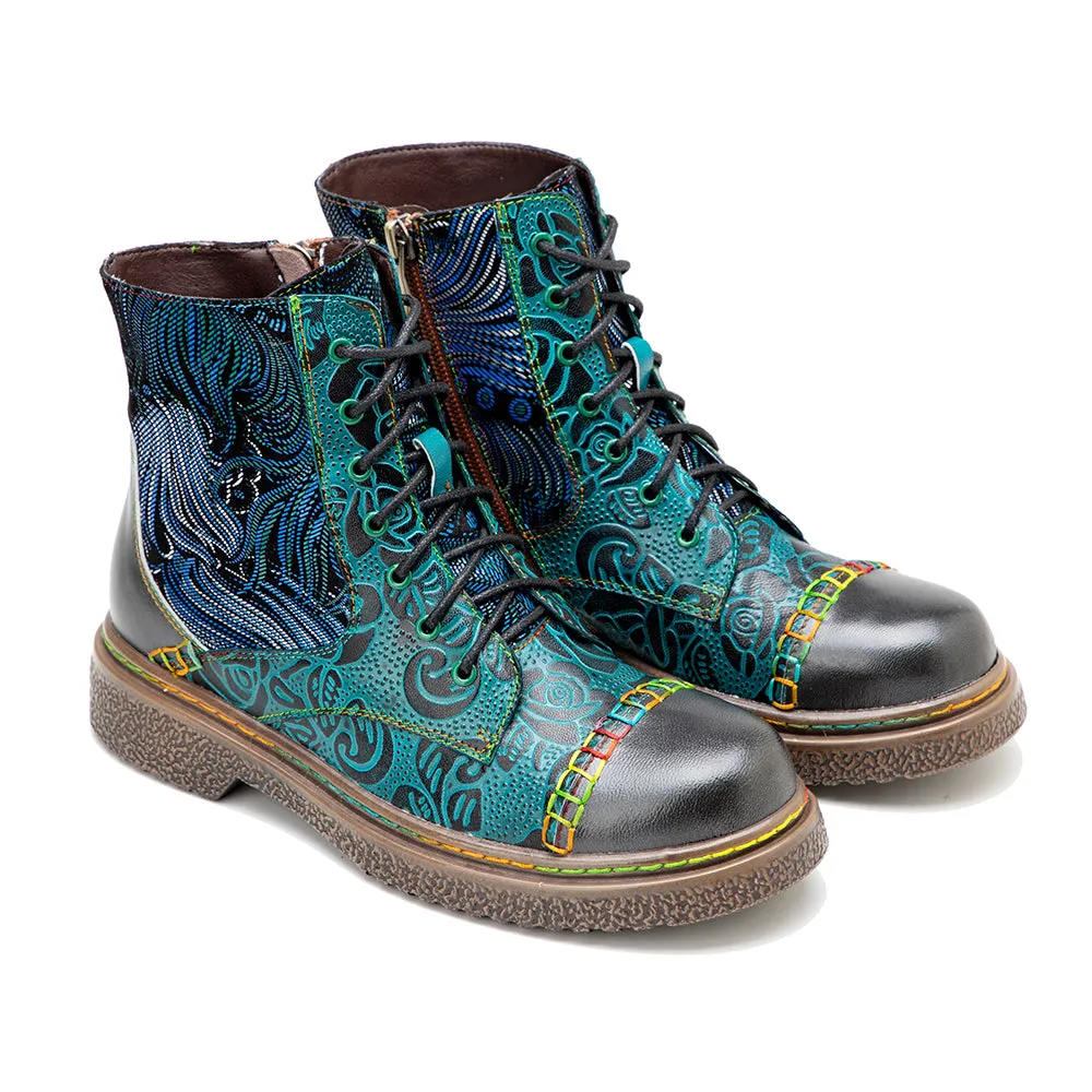 CrazycatZ Womens Leather Ankle Boots Bohemian Sporty Colorful Leahter Boots Green