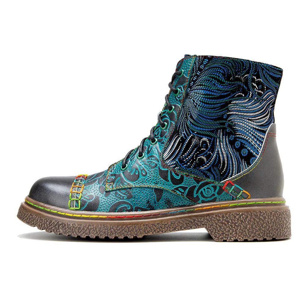CrazycatZ Womens Leather Ankle Boots Bohemian Sporty Colorful Leahter Boots Green